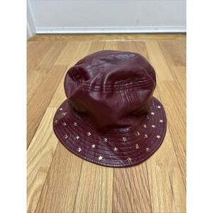 Burgundy Faux Leather Bucket Hat Gold Star Studded Retro Streetwear Unisex